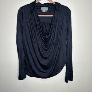 Anthropologie Long Sleeve Drape Cowl Neck Top Size Medium Blouse Navy Viscose